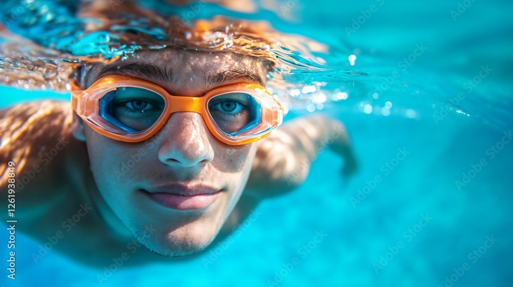 Fototapeta premium Young swimmer underwater wearing goggles. Perfect for aquatic sports, swimming instruction, and underwater photography content.
