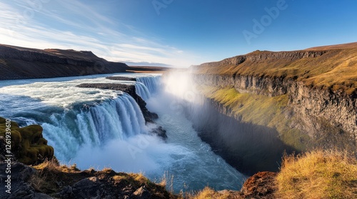 Majestic Icelandic waterfall, autumn sunlight, canyon background, travel postcard