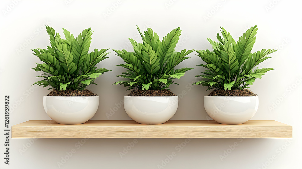 Three potted plants on a wooden shelf against a white wall; home decor Three potted plants on a wooden shelf against a white wall; home decor