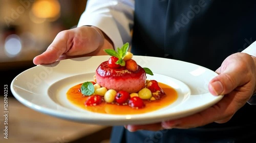 Wallpaper Mural Waiter bringing the ordered dessert. A close-up of the dessert on the plate in the waiter's hands  Torontodigital.ca