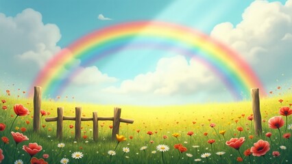 Ingelijste posters Regenboog Magische regenboog boven bloeiend lenteveld  © Ernesto