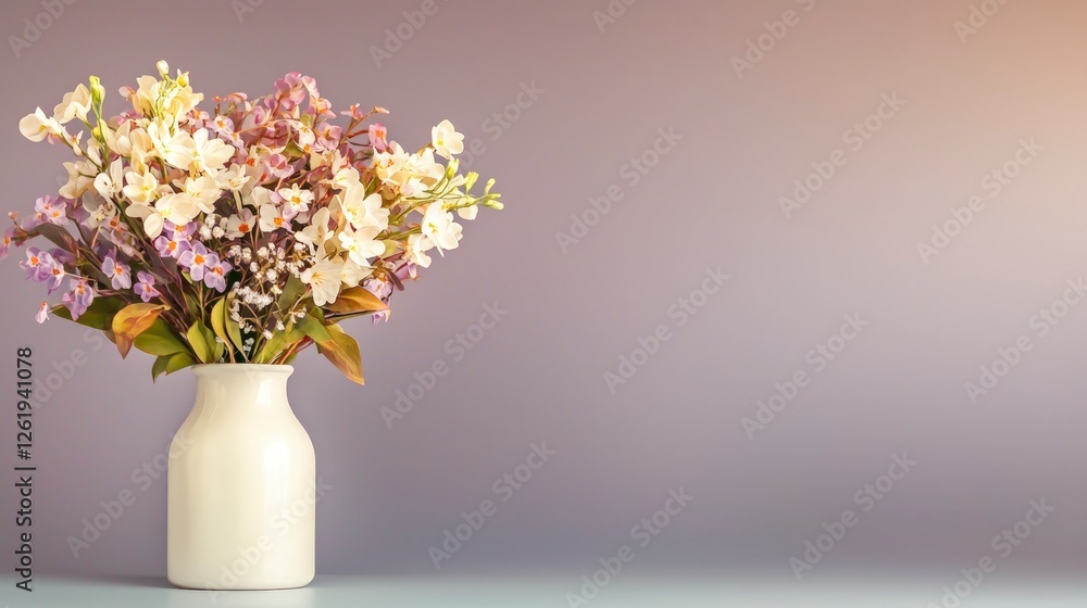 Pastel Flower Bouquet in White Vase on Soft Purple Background Pastel Flower Bouquet in White Vase on Soft Purple Background