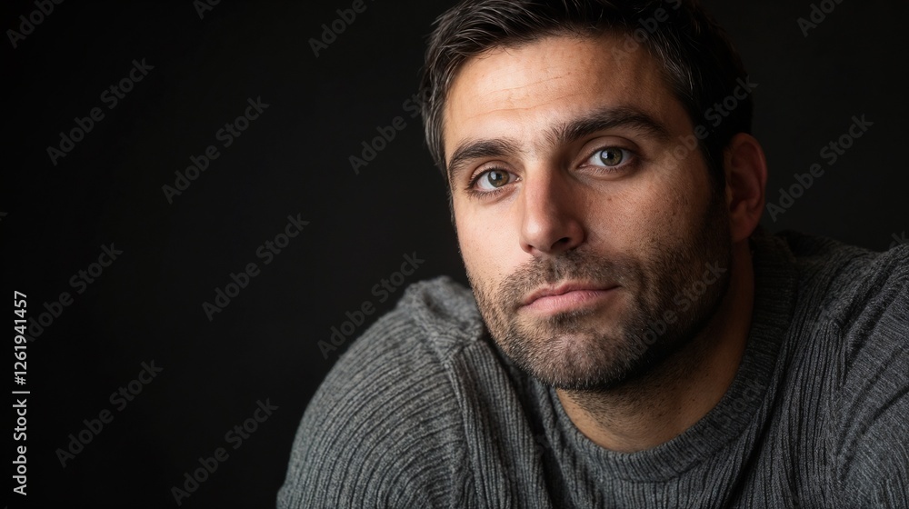 Bearded man in grey sweater with dramatic lighting. Ideal for moody portraits, contemporary masculinity, and artistic headshots content. Bearded man in grey sweater with dramatic lighting. Ideal for moody portraits, contemporary masculinity, and artistic headshots content.