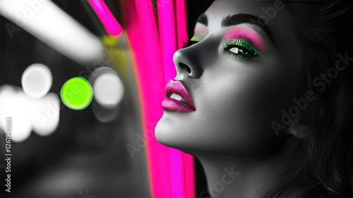 Black-and-white photograph of a beautiful woman with grreen lipstick, pink eye shadow, and green eyelashes photo