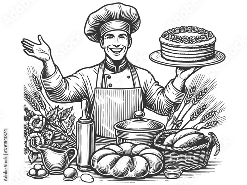 Happy Baker Holding Cake engraving vector