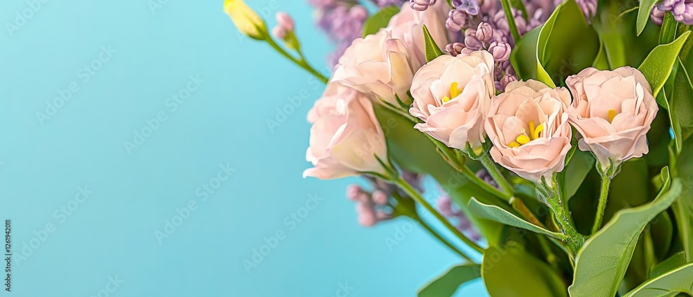 Pastel Pink Lisianthus and Lilac Bouquet on Blue Background Pastel Pink Lisianthus and Lilac Bouquet on Blue Background