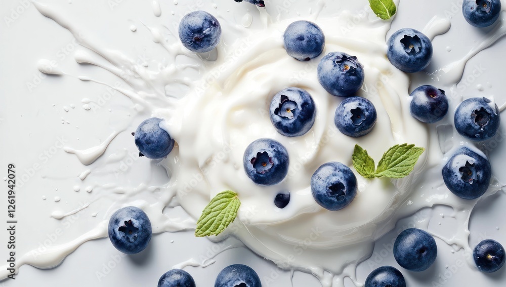 Blueberry and Greek yogurt, white background, splashing milk drops, top view, close-up Blueberry and Greek yogurt, white background, splashing milk drops, top view, close-up