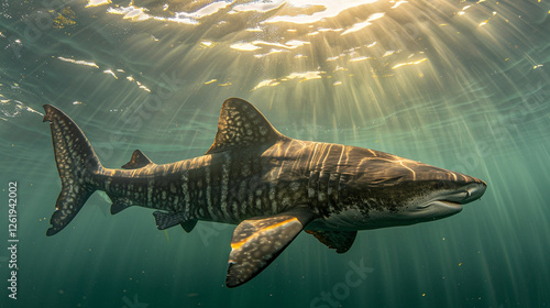 A tranquil scene of a basking shark peacefully filtering plankton in a sunlit bay photo