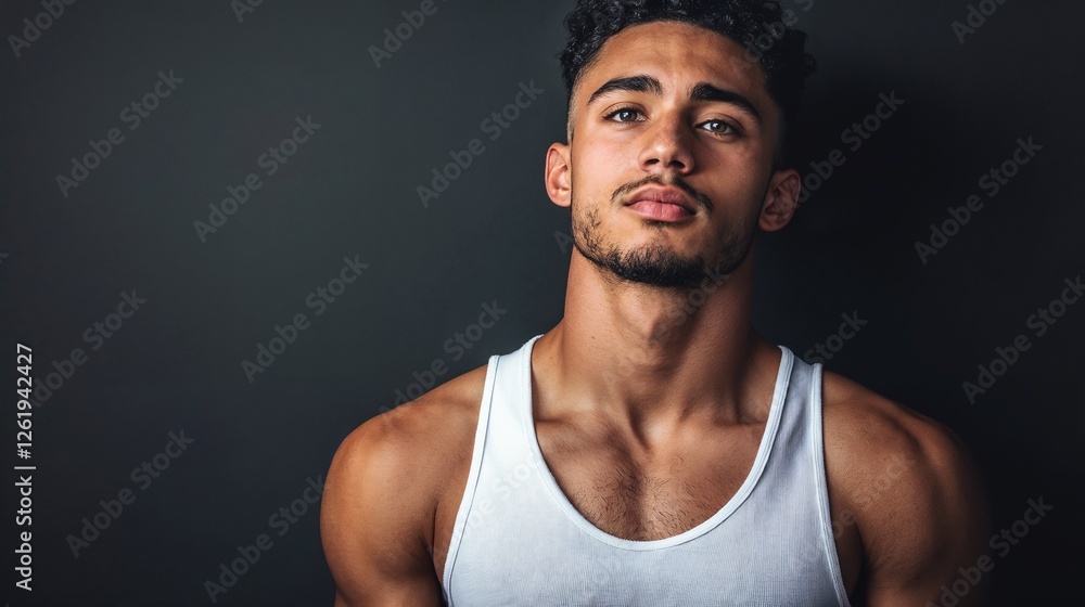 Fototapeta premium Athletic man in tank top against dark background. Perfect for fitness portraiture, strength aesthetics, and modern masculinity content.