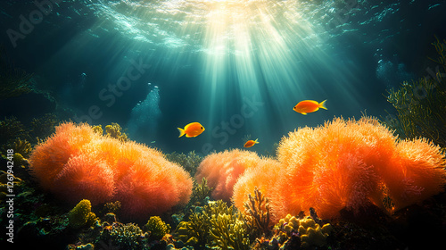 Underwater coral reef scene with sunbeams, fish, and vibrant colors; ideal for marine life documentaries photo