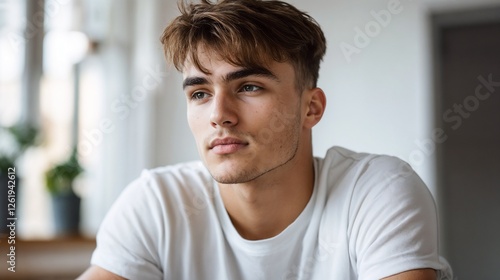 Young man in white t-shirt by window. Perfect for casual portraits, natural lighting, and contemporary lifestyle content.