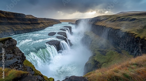 Icelandic waterfall's powerful flow, dramatic sky, mossy canyon