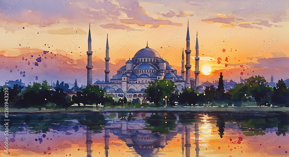 Fototapeta premium Watercolor Painting of Blue Mosque at Sunset with Water Reflection