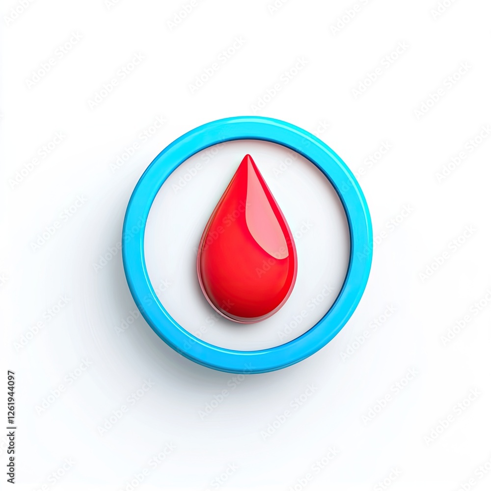Red blood drop icon, blue circle, white background Red blood drop icon, blue circle, white background