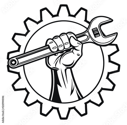 A strong hand grips a wrench in front of a gear, symbolizing industry, repair, and construction.