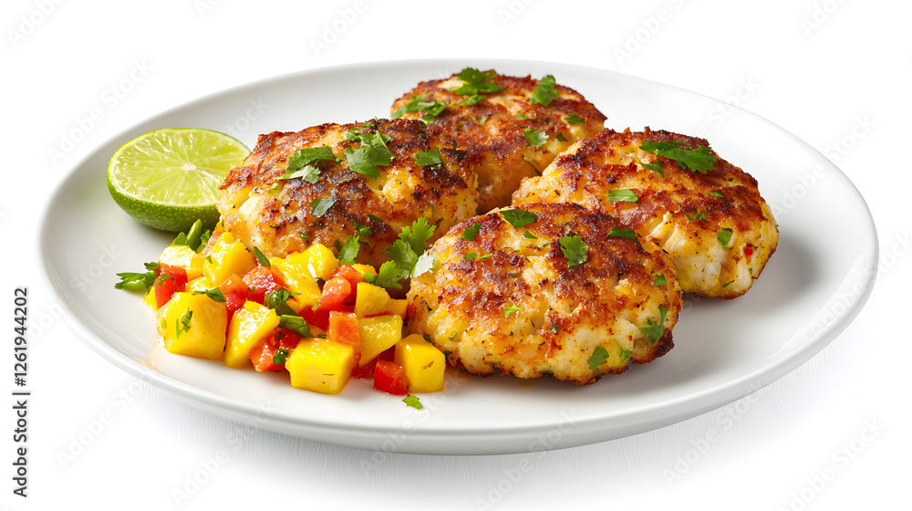 Delicious Tropical Maryland Crab Cakes Served with Fresh Mango Salsa and Lime Wedge Delicious Tropical Maryland Crab Cakes Served with Fresh Mango Salsa and Lime Wedge
