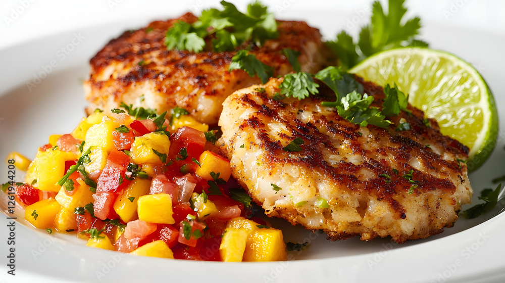 Delicious Maryland Crab Cakes Served with Fresh Salsa and Lime Garnish on a White Plate Delicious Maryland Crab Cakes Served with Fresh Salsa and Lime Garnish on a White Plate