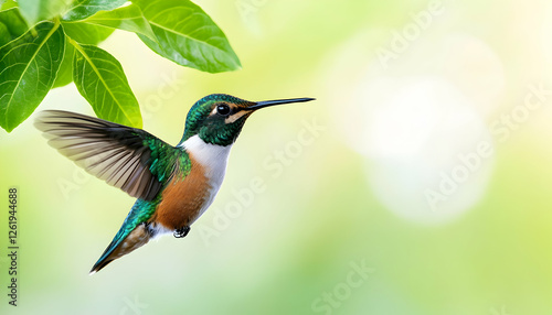 Flying hummingbird with green leaves, bokeh background, stock photo for nature. Generative AI