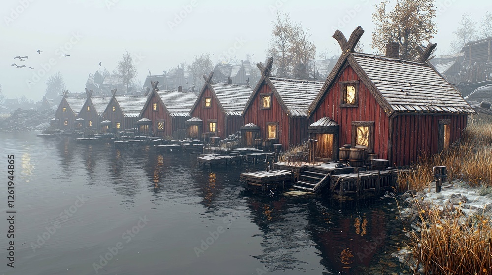 Fototapeta premium Picturesque Scandinavian Waterfront Village in Winter: Cozy Cottages, Misty Lake, and Snow-Covered Houses