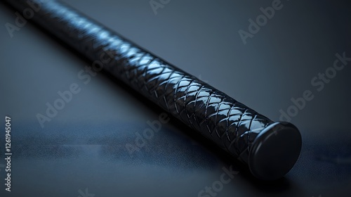 Close-up of a textured, polished black baton on a smooth dark surface