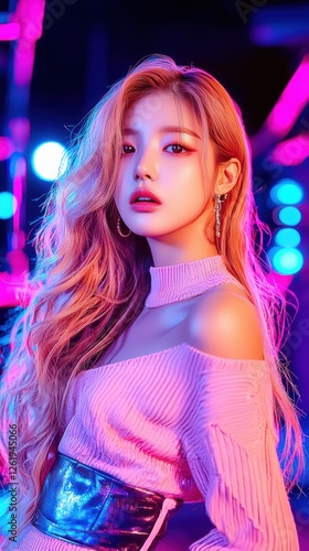 Cyberpunk kpop idol in neon lights a vibrant fantasy