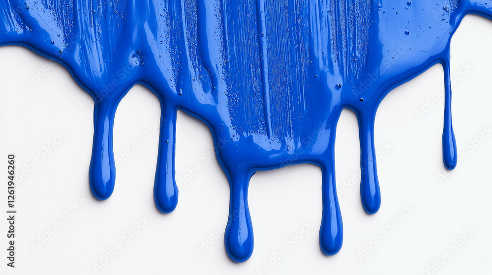 Bright blue paint dripping on white background creates vibrant and artistic effect Bright blue paint dripping on white background creates vibrant and artistic effect