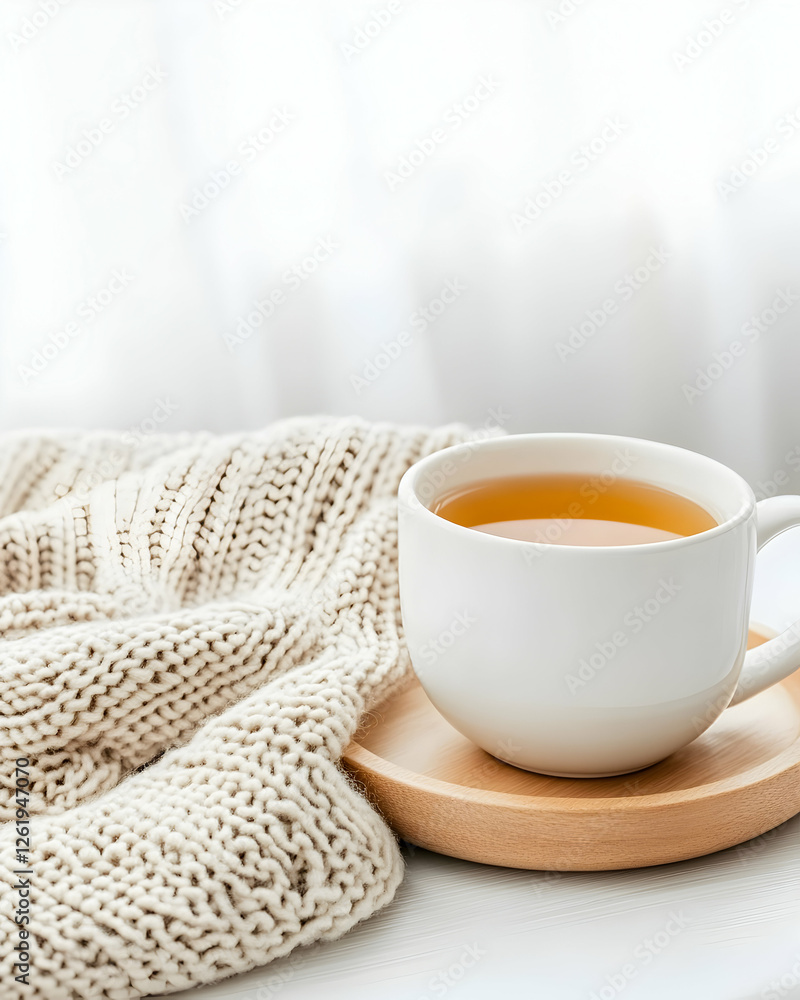 Hot beverage on wood coaster with knit sweater. Warmth and comfort. Generative AI Hot beverage on wood coaster with knit sweater. Warmth and comfort. Generative AI