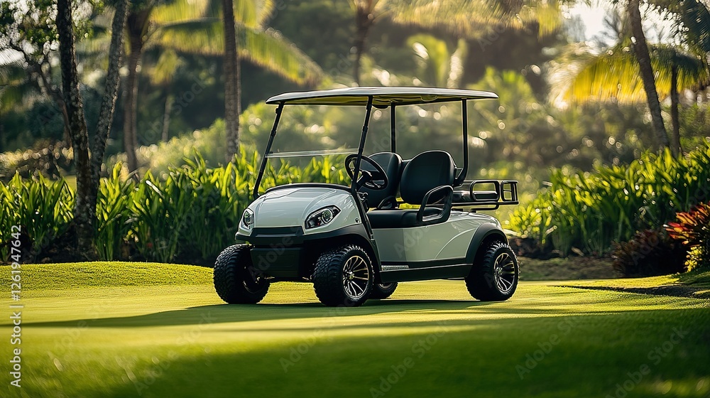 White Golf Cart Parked On Lush Green Course