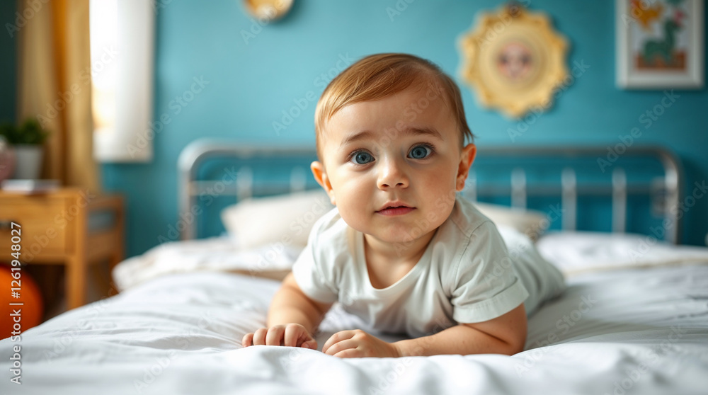 Cute little baby lying on his stomach in bed at home Cute little baby lying on his stomach in bed at home