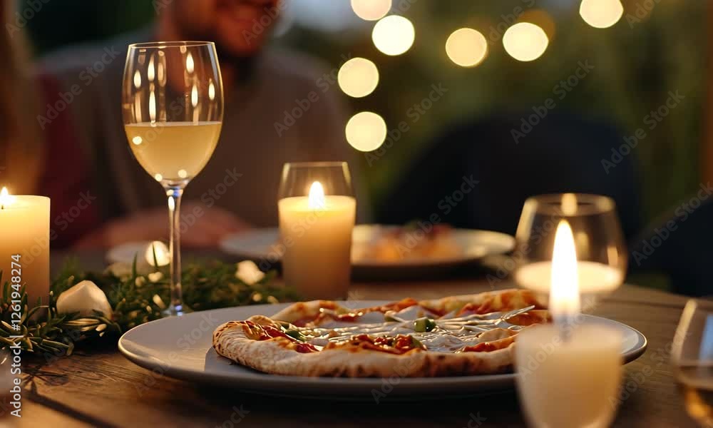 A cozy dinner setup featuring a freshly baked pizza and candlelight, capturing the warmth of intimate moments shared with loved ones in a charming atmosphere. A cozy dinner setup featuring a freshly baked pizza and candlelight, capturing the warmth of intimate moments shared with loved ones in a charming atmosphere.
