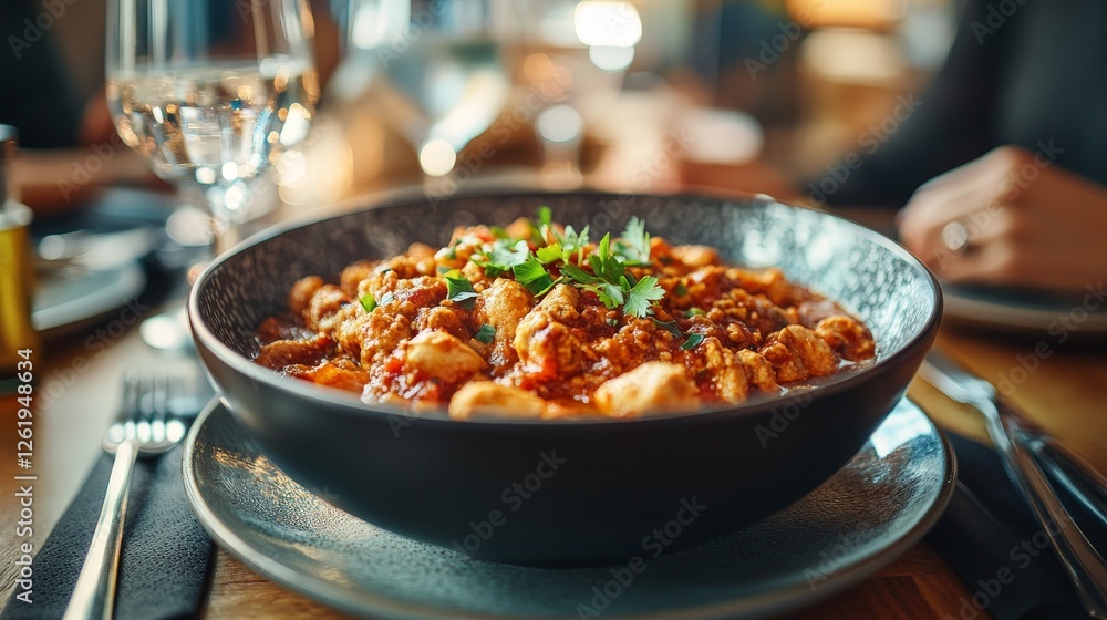 A bowl of hearty pasta dish garnished with herbs, served in a cozy dining setting. A bowl of hearty pasta dish garnished with herbs, served in a cozy dining setting.
