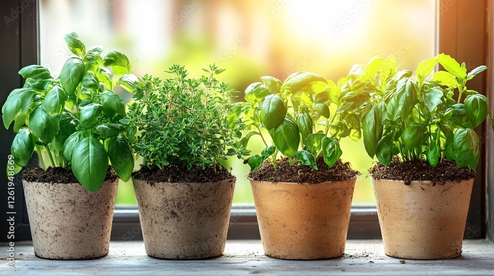 Fresh Herb Pots by Window with Natural Light and Vibrant Green Leaves Fresh Herb Pots by Window with Natural Light and Vibrant Green Leaves