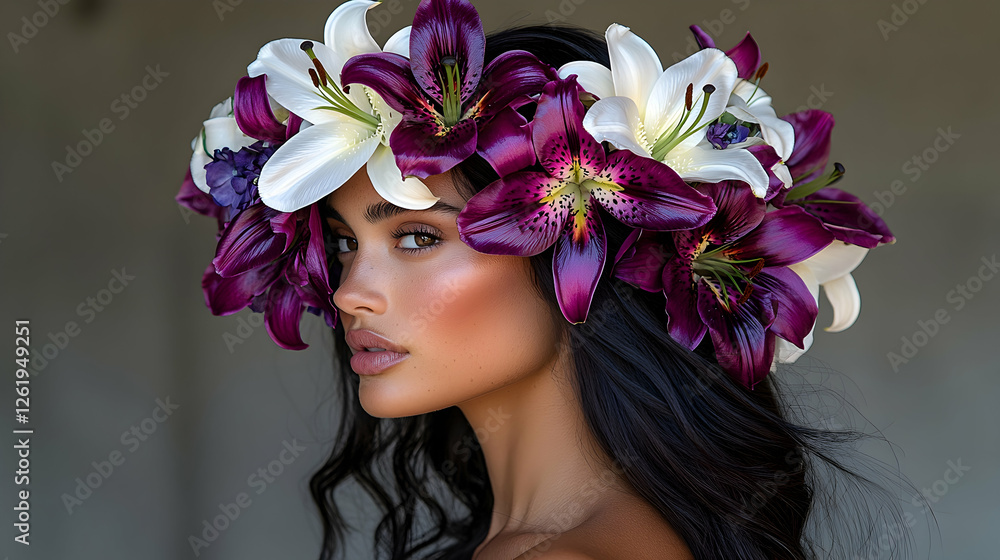 Naklejka premium Woman with floral crown, beauty portrait, neutral background, summer fashion
