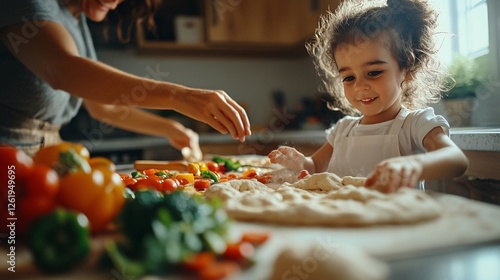 Parent and Child Making Pizza Together in a Bright Kitchen
