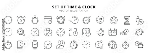 Time and Clock set of web icons in line style. Time management. Timer, Speed, Date, Countdown, Alarm, Recovery, Time, clock, watch, calendar simple icons for web and mobile app. Vector illustration