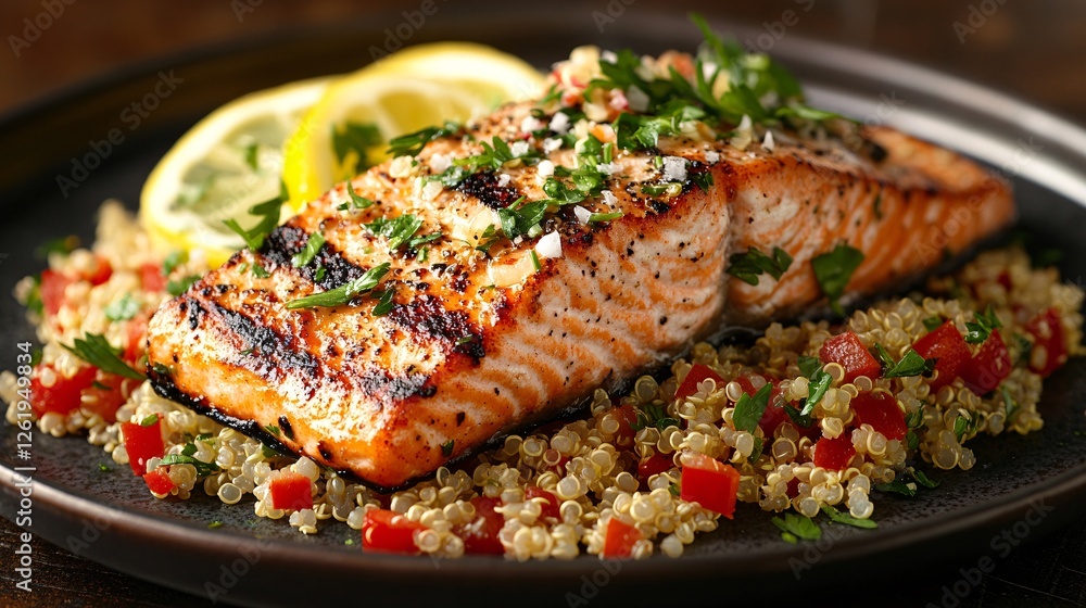 Grilled Salmon Fillet with Quinoa and Fresh Lemon Garnish Grilled Salmon Fillet with Quinoa and Fresh Lemon Garnish