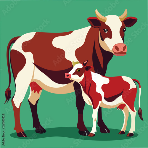 Cow suckling her calf. Cow is feeding its calf, bos taurus, bovidae