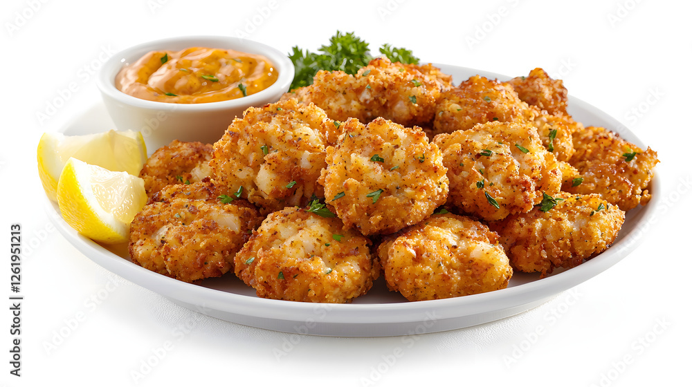 Golden Brown Maryland Crab Cakes Served with Lemon Wedges and Dipping Sauce Golden Brown Maryland Crab Cakes Served with Lemon Wedges and Dipping Sauce