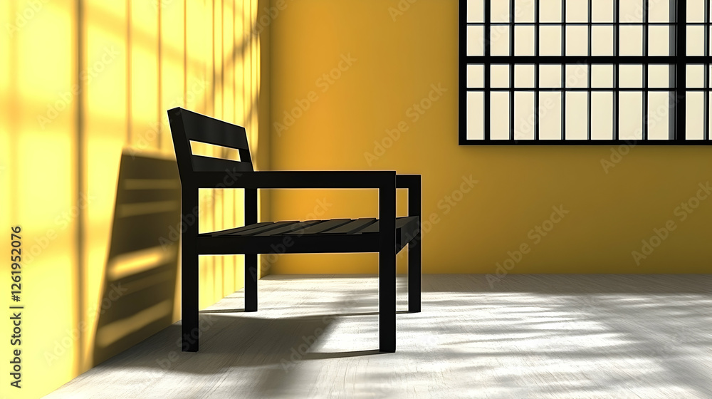 Fototapeta premium Yellow room, black chair, sunlight, window, minimalist interior design, website banner