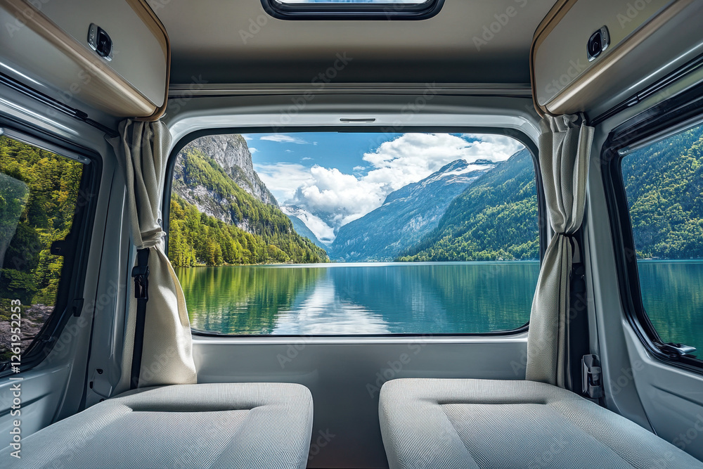 Breathtaking view of serene lake and mountains from the interior of a camper van, capturing tranquility and natural beauty. Breathtaking view of serene lake and mountains from the interior of a camper van, capturing tranquility and natural beauty.