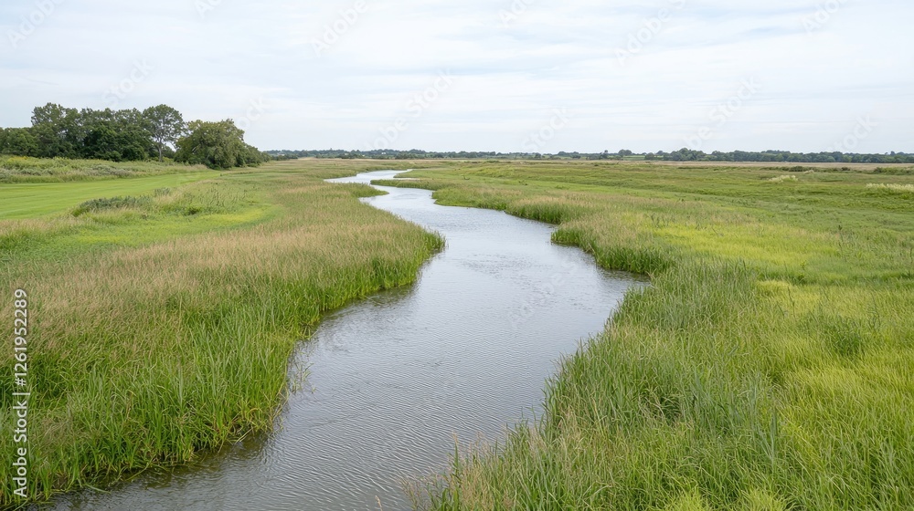 River meanders through verdant wetlands, summer sky. Nature photography for travel brochures River meanders through verdant wetlands, summer sky. Nature photography for travel brochures