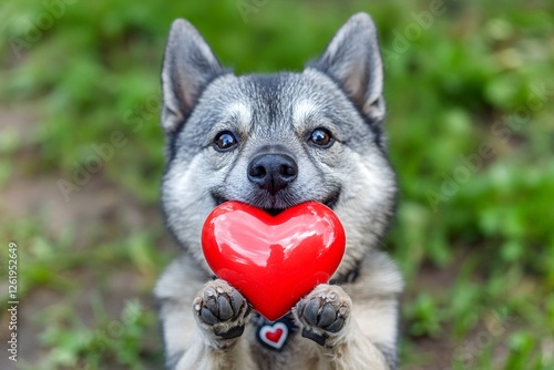 Ad pet animal visual idea. Norwegian elkhound - my preferred dog, symbol of friendship. Cute norwegian elkhound pup with diamond red heart on a walk in a spring garden. Puppy snuggles. photo