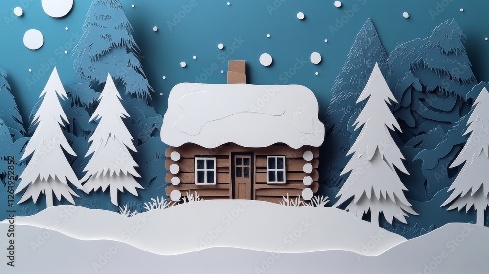 Fototapeta premium Cozy Cabin Amidst Snowy Pines and Stars