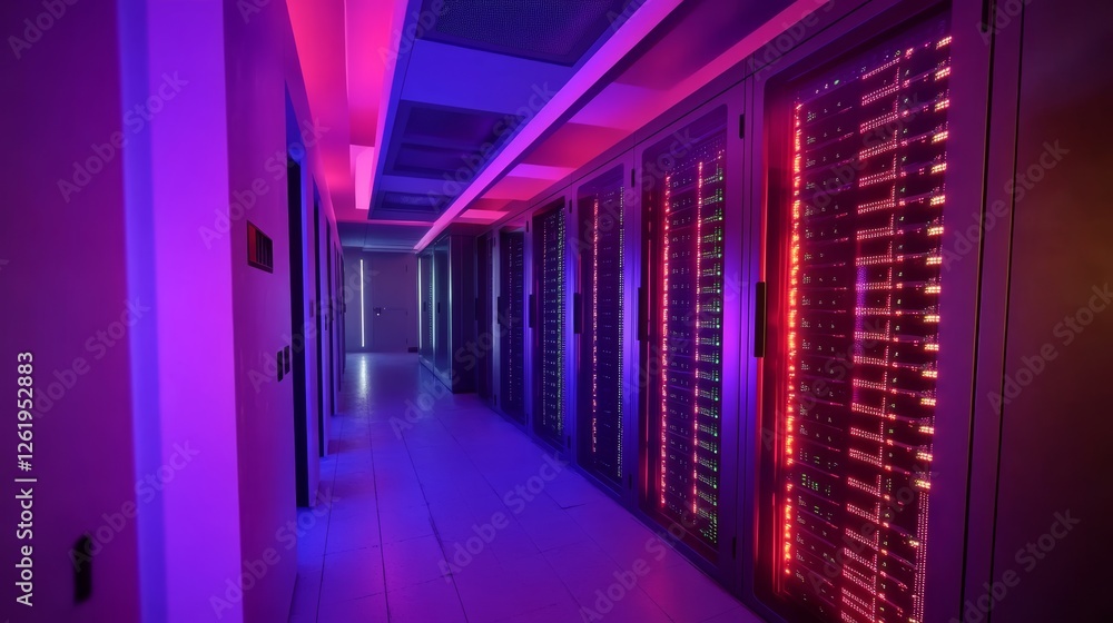 Fototapeta premium Illuminated Server Room with Cybersecurity Data Architecture and Big Data Storage