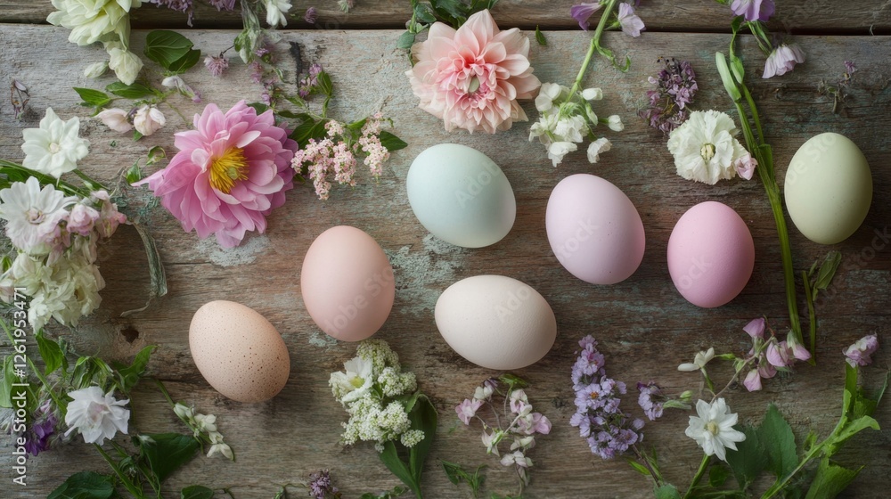 Beautiful Composition of Pastel Eggs Surrounded by Vibrant Flowers Beautiful Composition of Pastel Eggs Surrounded by Vibrant Flowers