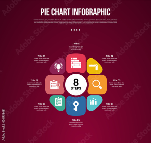 pie chart base template infographic with circular puzzle shape with round shape with 8 point dark background style for slide presentation
