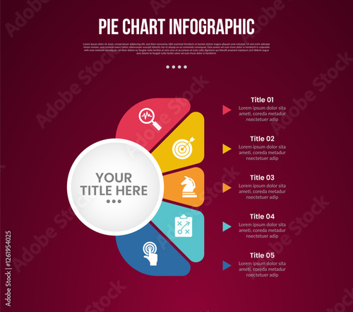 pie chart base template infographic with big circle and separated shape on right side with 5 point dark background style for slide presentation