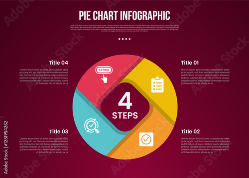 pie chart base template infographic with round circle and creative sharp divider with 4 point dark background style for slide presentation