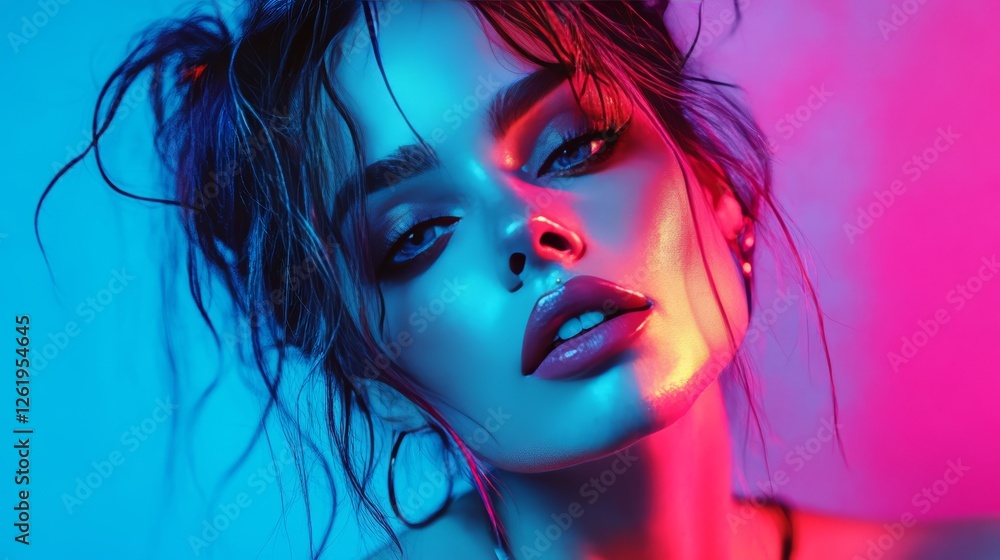 Vivid neon portrait of a woman with striking features and glossy lips Vivid neon portrait of a woman with striking features and glossy lips