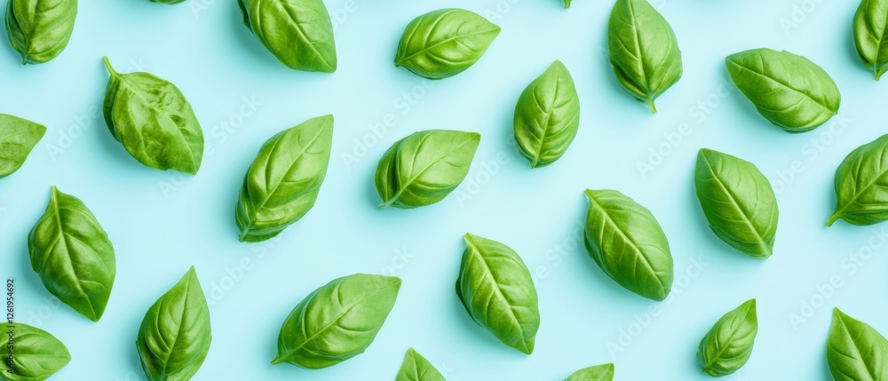 Fresh Basil Leaves on Blue Canvas Fresh Basil Leaves on Blue Canvas